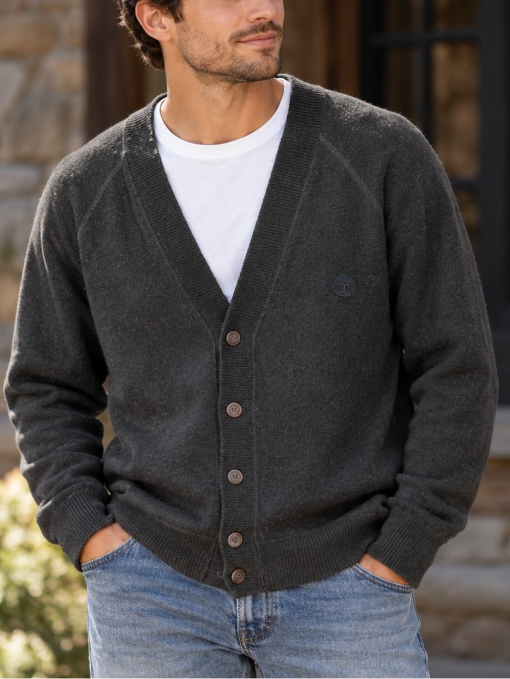 Timberland Vintage Wool Button-Front V-Neck Fleece Lined Cardigan Sweater
